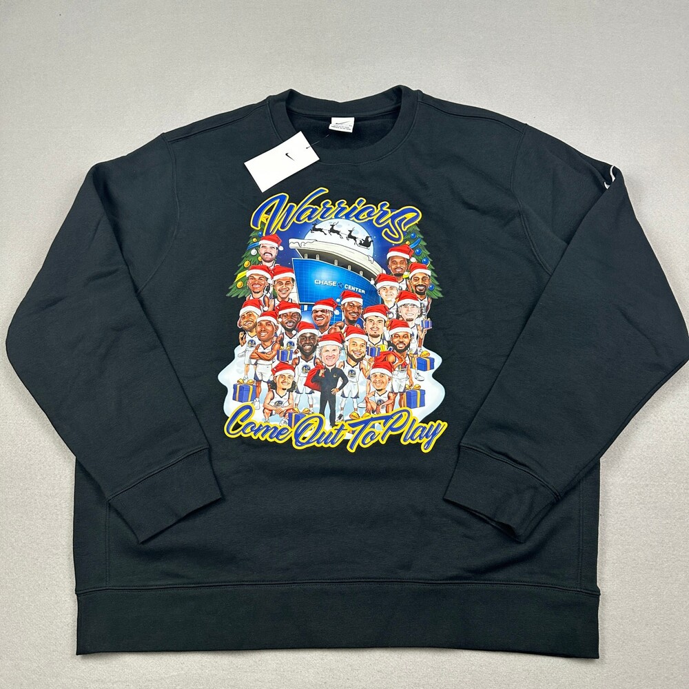 Golden State Warriors Sweatshirt Men XL Black Nike Holiday Roster Graphic Crew